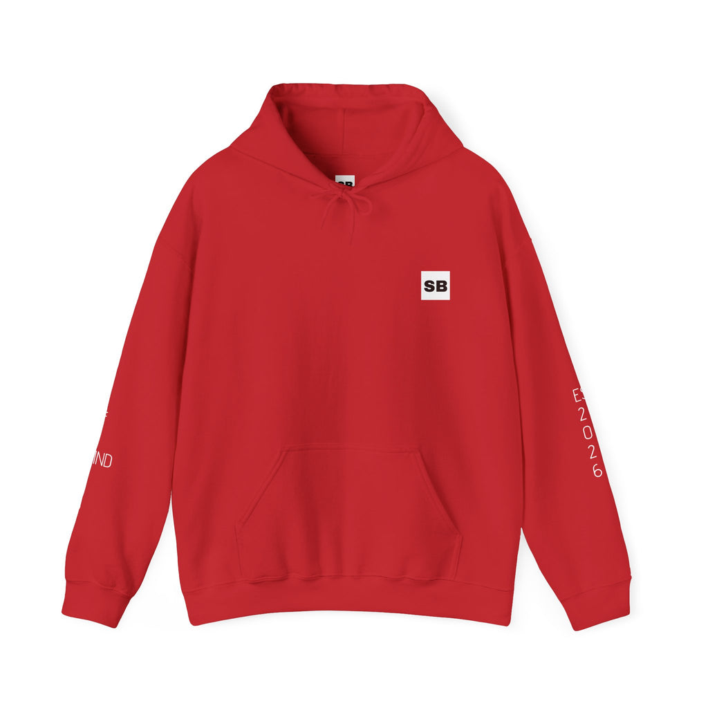 Minimalistisk 'SB' hættetrøje — Lille grafik på bryst og ryg, rent streetwear-pulloverdesign