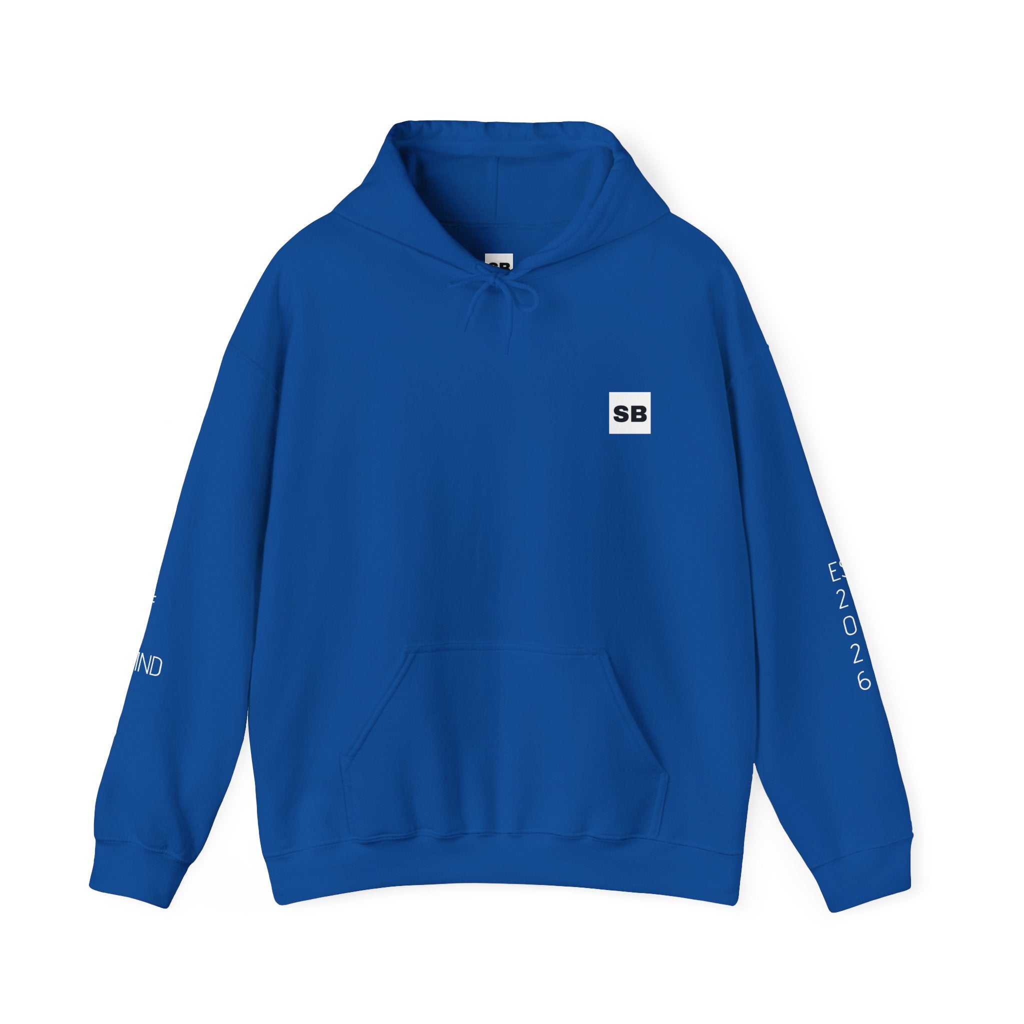 Minimalistisk 'SB' hættetrøje — Lille grafik på bryst og ryg, rent streetwear-pulloverdesign