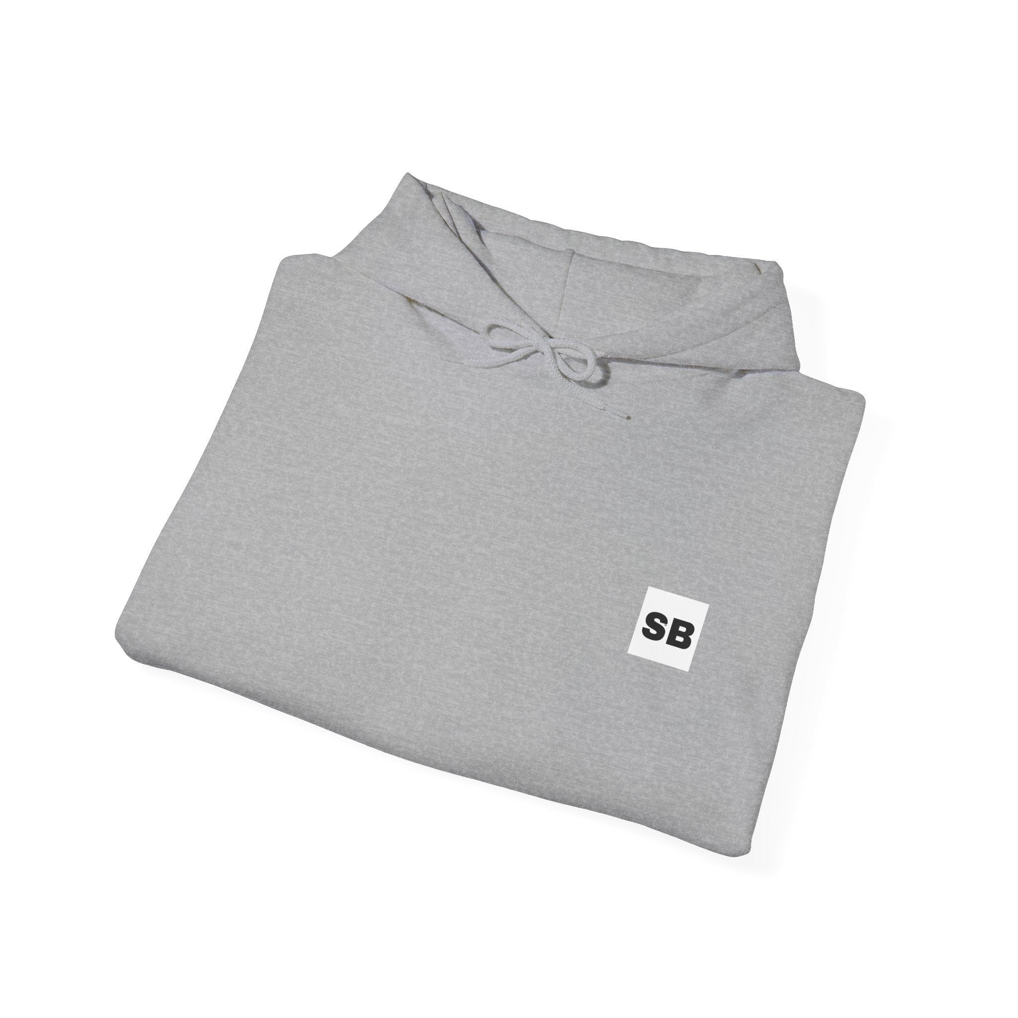 Minimalistisk 'SB' hættetrøje — Lille grafik på bryst og ryg, rent streetwear-pulloverdesign