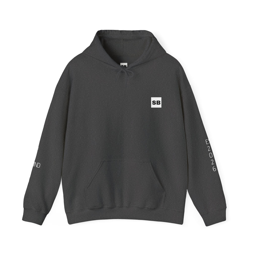 Minimalistisk 'SB' hættetrøje — Lille grafik på bryst og ryg, rent streetwear-pulloverdesign
