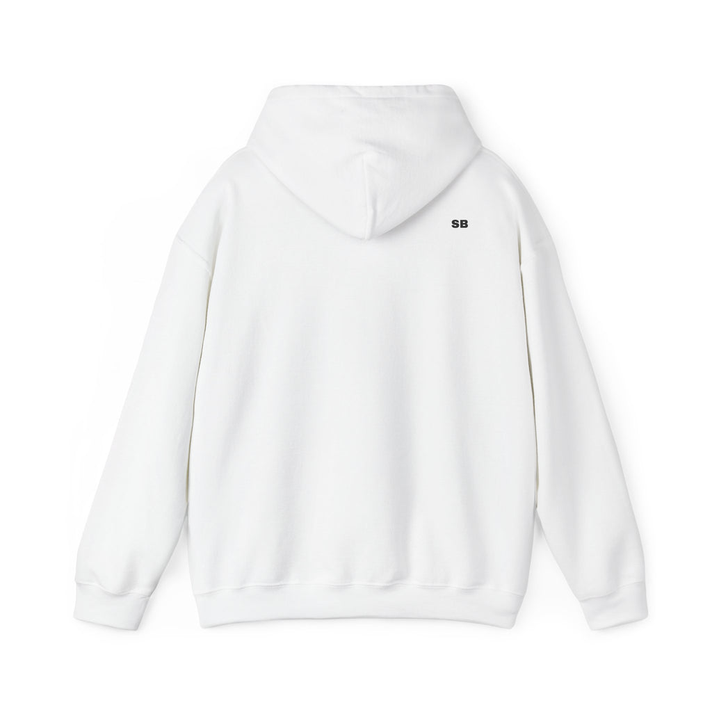 Minimalistisk 'SB' hættetrøje — Lille grafik på bryst og ryg, rent streetwear-pulloverdesign